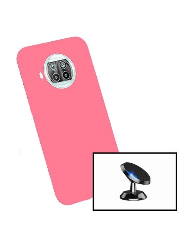 Kit Película de Vidro Temperado 5D Full Cover + Capa Silicone Líquido + Suporte Magnético de Carro para Xiaomi Mi 10i - Rosa