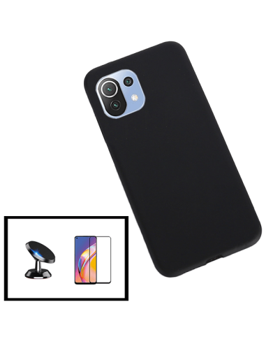 Kit Película de Vidro Temperado 5D Full Cover + Capa Silicone Líquido + Suporte Magnético de Carro para Xiaomi Mi 11 Lite