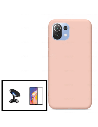 Kit Película de Vidro Temperado 5D Full Cover + Capa Silicone Líquido + Suporte Magnético de Carro para Xiaomi Mi 11 Lite - Rosa