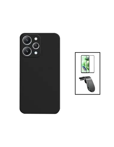 Kit Vidro Premium Full Cover + Capa Silicone Líquido + Suporte Magnético L para Xiaomi Redmi 12 - Preto