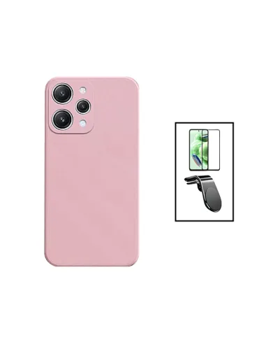 Kit Vidro Premium Full Cover + Capa Silicone Líquido + Suporte Magnético L para Xiaomi Redmi 12 - Rosa