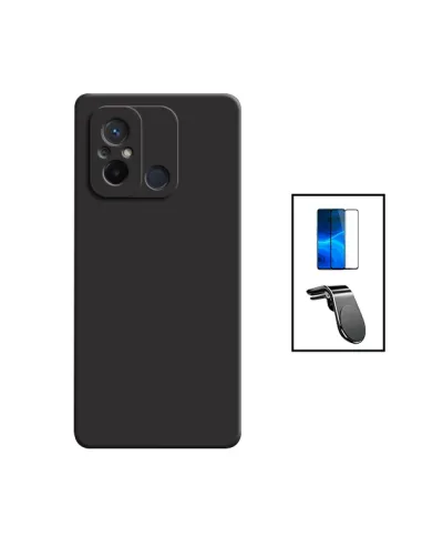 Kit Vidro Premium Full Cover + Capa Silicone Líquido + Suporte Magnético L para Xiaomi Redmi 12C - Preto