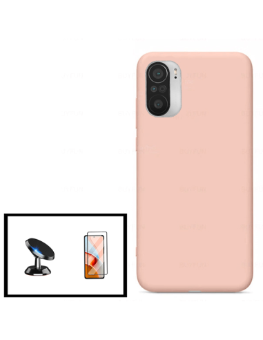 Kit Película de Vidro Temperado 5D Full Cover + Capa Silicone Líquido + Suporte Magnético de Carro para Xiaomi Poco F3 - Rosa