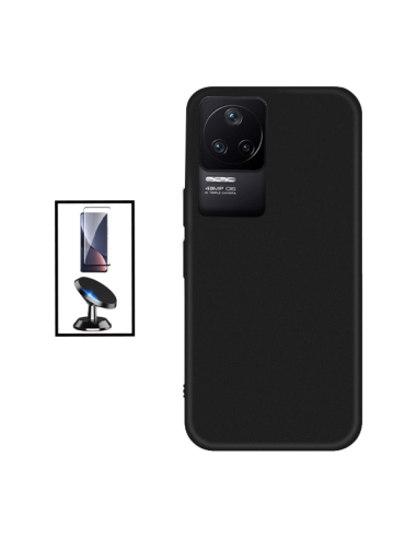 Kit Película de Vidro Temperado 5D Full Cover + Capa Silicone Líquido + Suporte Magnético de Carro para Xiaomi Poco F4 - Preto