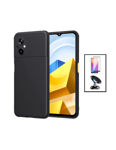 Kit Película de Vidro Temperado 5D Full Cover + Capa Silicone Líquido + Suporte Magnético de Carro para Xiaomi Poco M5 - Preto