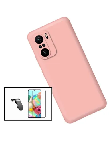 Kit Vidro Premium Full Cover + Capa Silicone Líquido + Suporte Magnético L para Xiaomi Redmi Note 10 - Rosa