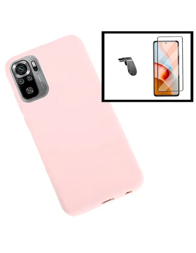 Kit Vidro Premium Full Cover + Capa Silicone Líquido + Suporte Magnético L para Xiaomi Redmi Note 10 5G - Rosa