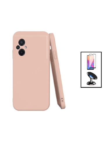 Kit Película de Vidro Temperado 5D Full Cover + Capa Silicone Líquido + Suporte Magnético de Carro para Xiaomi Poco M5 - Rosa