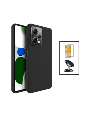 Kit Película de Vidro Temperado 5D Full Cover + Capa Silicone Líquido + Suporte Magnético de Carro para Xiaomi Poco X5 - Preto
