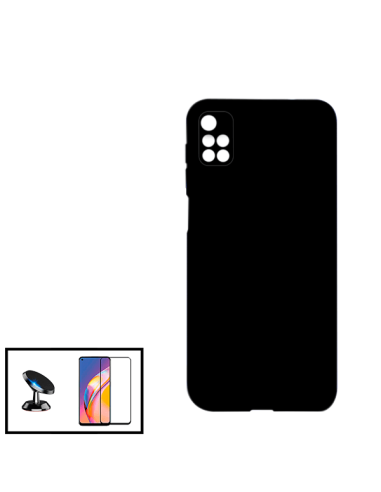 Kit Película de Vidro Temperado 5D Full Cover + Capa Silicone Líquido + Suporte Magnético de Carro para Xiaomi Redmi 10 - Preto