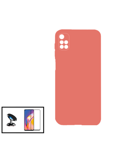 Kit Película de Vidro Temperado 5D Full Cover + Capa Silicone Líquido + Suporte Magnético de Carro para Xiaomi Redmi 10 - Rosa