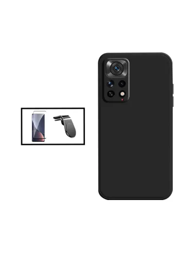 Kit Vidro Premium Full Cover + Capa Silicone Líquido + Suporte Magnético L para Xiaomi Redmi Note 11S 5G - Preto