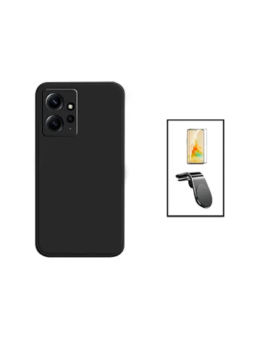 Kit Vidro Premium Full Cover + Capa Silicone Líquido + Suporte Magnético L para Xiaomi Redmi Note 12 4G - Preto