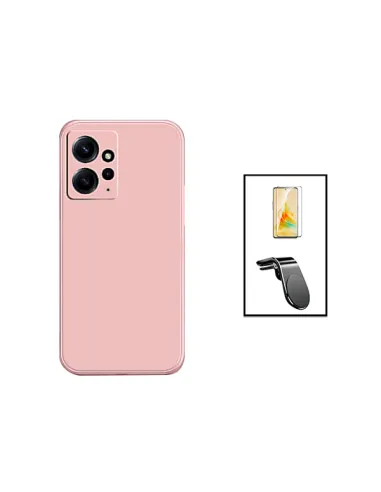 Kit Vidro Premium Full Cover + Capa Silicone Líquido + Suporte Magnético L para Xiaomi Redmi Note 12 4G - Rosa