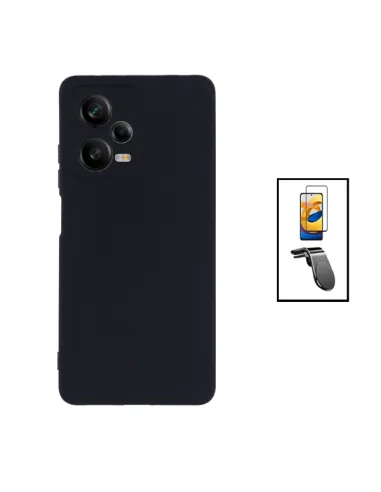 Kit Vidro Premium Full Cover + Capa Silicone Líquido + Suporte Magnético L para Xiaomi Redmi Note 12 Pro - Preto