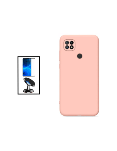 Kit Película de Vidro Temperado 5D Full Cover + Capa Silicone Líquido + Suporte Magnético de Carro para Xiaomi Redmi 10C - Rosa