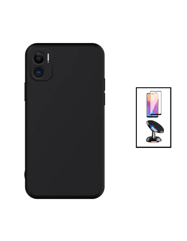 Kit Película de Vidro Temperado 5D Full Cover + Capa Silicone Líquido + Suporte Magnético de Carro para Xiaomi Redmi 11 Prime 5G