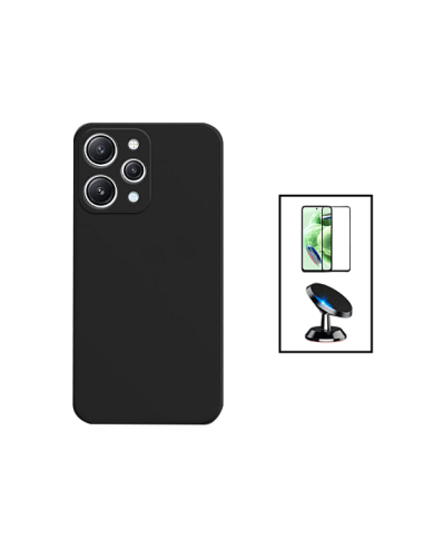 Kit Película de Vidro Temperado 5D Full Cover + Capa Silicone Líquido + Suporte Magnético de Carro para Xiaomi Redmi 12 - Preto