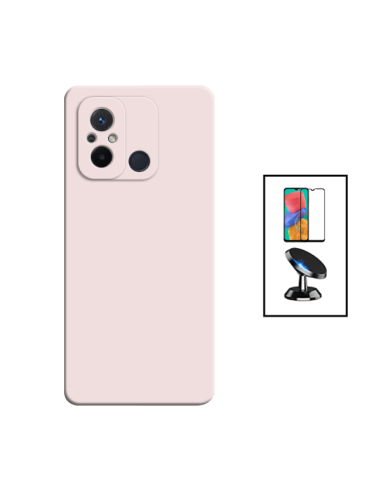 Kit Película de Vidro Temperado 5D Full Cover + Capa Silicone Líquido + Suporte Magnético de Carro para Xiaomi Redmi 12C - Rosa