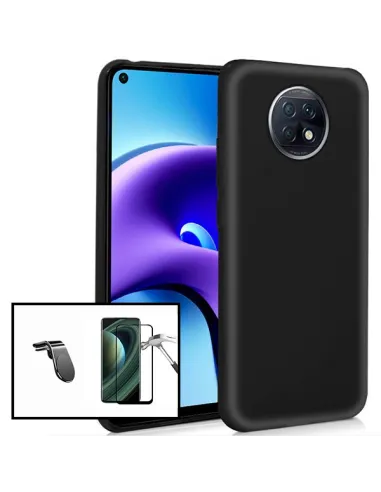 Kit Vidro Premium Full Cover + Capa Silicone Líquido + Suporte Magnético L para Xiaomi Redmi Note 9T - Preto