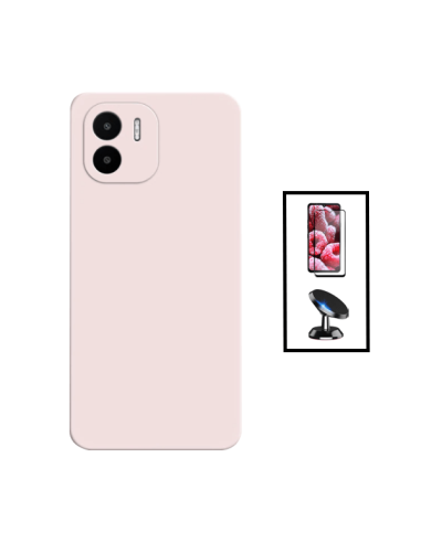 Kit Película de Vidro Temperado 5D Full Cover + Capa Silicone Líquido + Suporte Magnético de Carro para Xiaomi Redmi A1 - Rosa