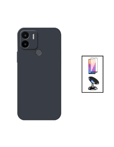 Kit Película de Vidro Temperado 5D Full Cover + Capa Silicone Líquido + Suporte Magnético de Carro para Xiaomi Redmi A2 - Preto