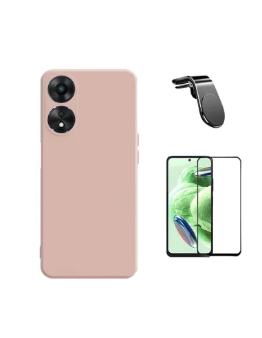 Kit Vidro Premium Full Cover + Capa Silicone Líquido + Suporte Magnético L  para Oppo A58 4G - Rosa