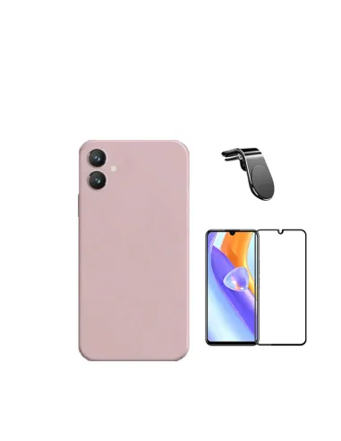 Kit Vidro Premium Full Cover + Capa Silicone Líquido + Suporte Magnético L  para Samsung Galaxy A05 - Rosa