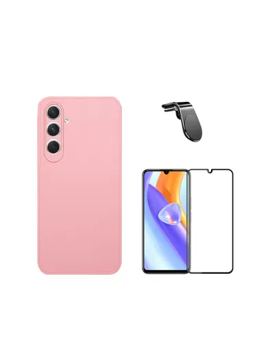 Kit Vidro Premium Full Cover + Capa Silicone Líquido + Suporte Magnético L  para Samsung Galaxy A15 - Rosa