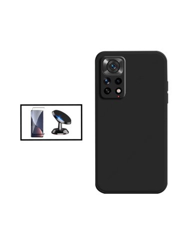 Kit Película de Vidro Temperado 5D Full Cover + Capa Silicone Líquido + Suporte Magnético de Carro para Xiaomi Redmi Note 11S 5G