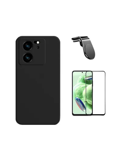 Kit Vidro Premium Full Cover + Capa Silicone Líquido + Suporte Magnético L  para Xiaomi 13T - Preto