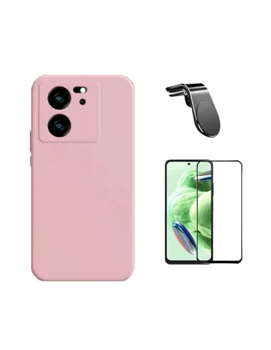 Kit Vidro Premium Full Cover + Capa Silicone Líquido + Suporte Magnético L  para Xiaomi 13T - Rosa