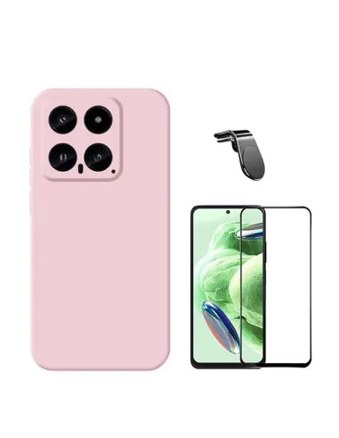 Kit Vidro Premium Full Cover + Capa Silicone Líquido + Suporte Magnético L  para Xiaomi 14 - Rosa