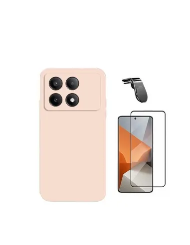 Kit Vidro Premium Full Cover + Capa Silicone Líquido + Suporte Magnético L  para Xiaomi Poco X6 Pro 5G - Rosa