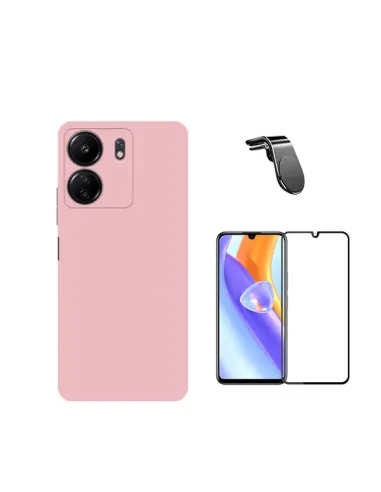 Kit Vidro Premium Full Cover + Capa Silicone Líquido + Suporte Magnético L  para Xiaomi Redmi 13C - Rosa