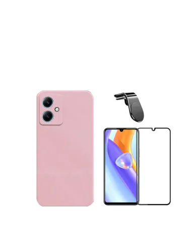 Kit Vidro Premium Full Cover + Capa Silicone Líquido + Suporte Magnético L  para Xiaomi Redmi 13C 5G - Rosa