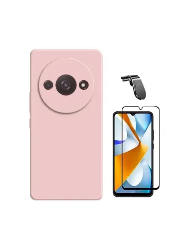 Kit Vidro Premium Full Cover + Capa Silicone Líquido + Suporte Magnético L  para Xiaomi Redmi A3 - Rosa