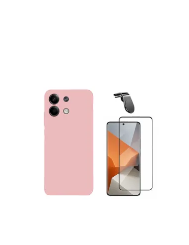 Kit Vidro Premium Full Cover + Capa Silicone Líquido + Suporte Magnético L  para Xiaomi Redmi Note 13 - Rosa