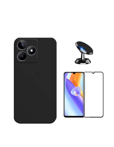 Kit Película de Vidro Temperado 5D Full Cover + Capa Silicone Líquido + Suporte Magnético de Carro Phonecare para Realme C53 - P