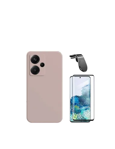 Kit Vidro Premium Full Cover + Capa Silicone Líquido + Suporte Magnético L  para Xiaomi Redmi Note 13 Pro+ - Rosa