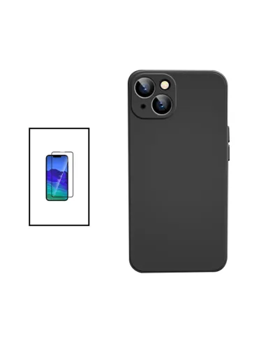 Kit Vidro Premium Full Cover + Capa Silicone Líquido para Apple iPhone 14 - Preto