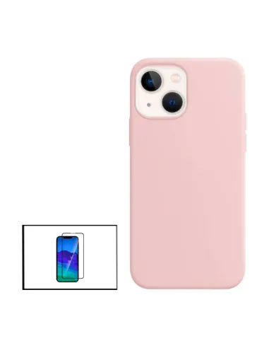 Kit Vidro Premium Full Cover + Capa Silicone Líquido para Apple iPhone 14 - Rosa