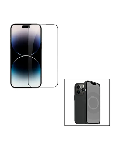 Kit Vidro Premium Full Cover + Capa Silicone Líquido para Apple iPhone 15 - Preto