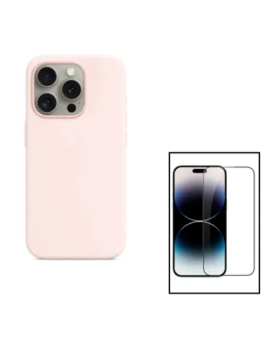 Kit Vidro Premium Full Cover + Capa Silicone Líquido para Apple iPhone 15 Plus - Rosa