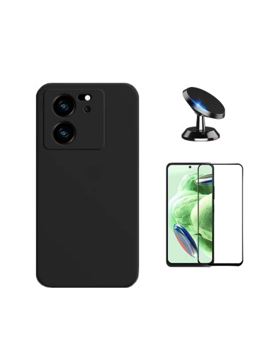 Kit Película de Vidro Temperado 5D Full Cover + Capa Silicone Líquido + Suporte Magnético de Carro Phonecare para Xiaomi 13T - P