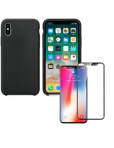 Kit Vidro Premium Full Cover + Capa Silicone Líquido para iPhone X / XS