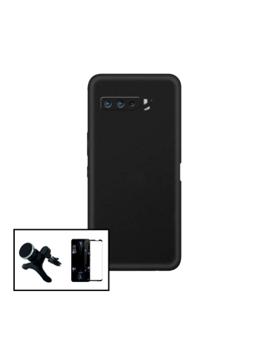 Kit Película de Vidro Temperado 5D Full Cover + Capa Silicone Líquido + Suporte Magnético de Carro Reforçado para Asus ROG Phone