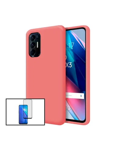 Kit Vidro Premium Full Cover + Capa Silicone Líquido para Oppo Reno5 Pro+ 5G - Rosa