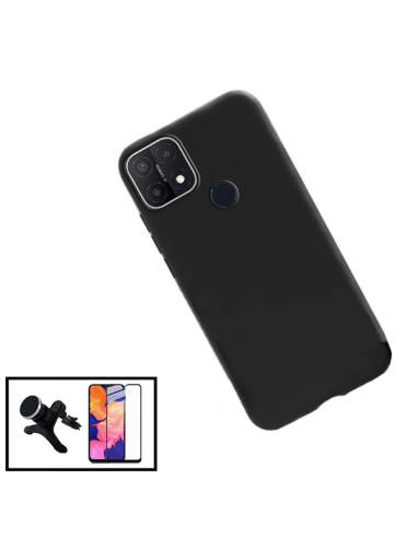 Kit Película de Vidro Temperado 5D Full Cover + Capa Silicone Líquido + Suporte Magnético de Carro Reforçado para Oppo A15 - Pre