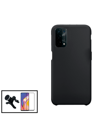 Kit Película de Vidro Temperado 5D Full Cover + Capa Silicone Líquido + Suporte Magnético de Carro Reforçado para Oppo A16S